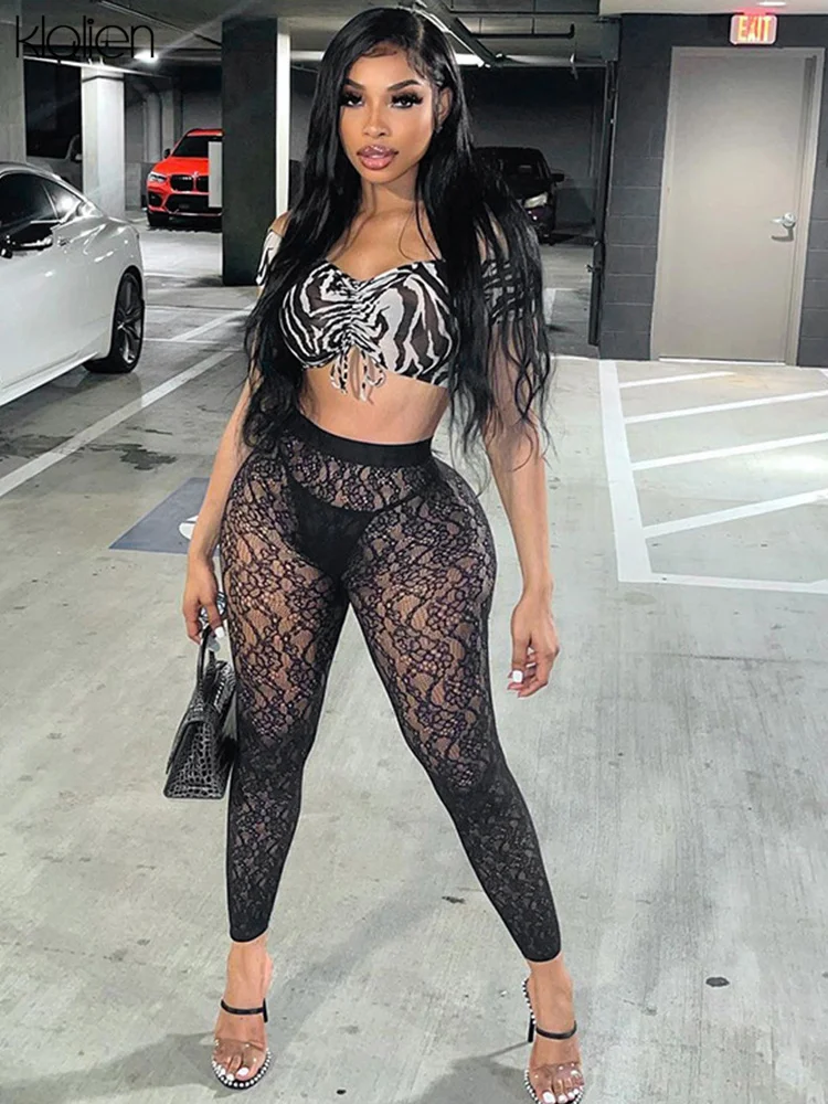 

KLALIEN Fashion Sexy See Through Black Lace High Waist Trousers Women Summer New Streetwear Y2K Skinny Stretch Female Leggings