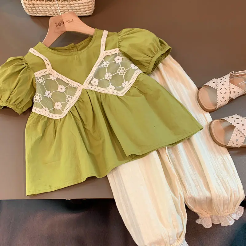 Girls' Suit 2022 Summer New Korean Style Girls' Shirt Top Lace Anti Mosquito Pants Western Style Fashion Two-Piece Suit