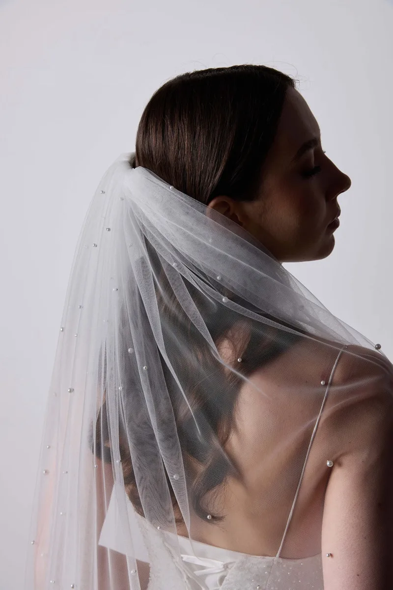 

One Layer Wedding Veil Pearl Veil Cut Edge Bridal Veil in Light Ivory ,Champagne