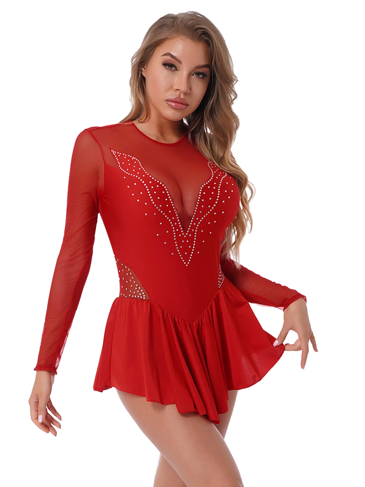 

Womens Shiny Ballet Dance Dress Figure Ice Roller Skating Dress See-through Mesh Leotards Long Sleeve Ruffle Skirted Dancewear