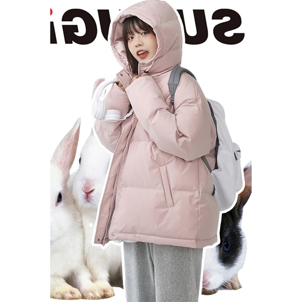 2022 New Winter Solid Color Hooded Thickened Down Jacket For Students Loose Straight Cotton Jacket For Women