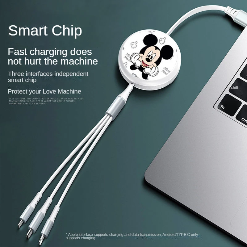 

Disney Car Three-in-One Data Cable Apple Type-c Android Phone Fast Charge Line Flexible Wire Car Accessories Decoration Women