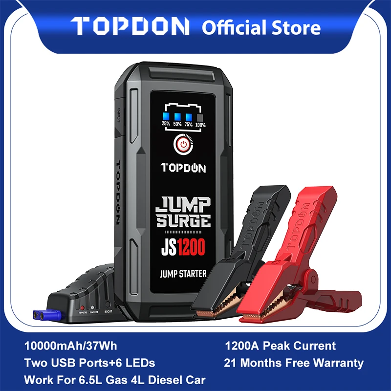 $69.91 TOPDON 1200A Jump Starter Car Charger Battery Power Bank for 6.5L Gas 4.0L Diesel 12V Fast Charger Auto Battery Booster JS1200