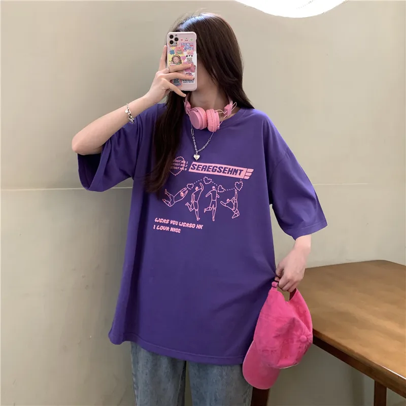 3 Colors Summer Fashion T-Shirt Women Personality Loose All-Match Cartoon Small Person Short-Sleeved Top C-9192