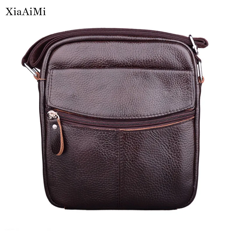 Business Casual Men'S Genuine Leather Solid Color Shoulder Bag Vertical Zipper Messenger Bag Portable Small Backpack