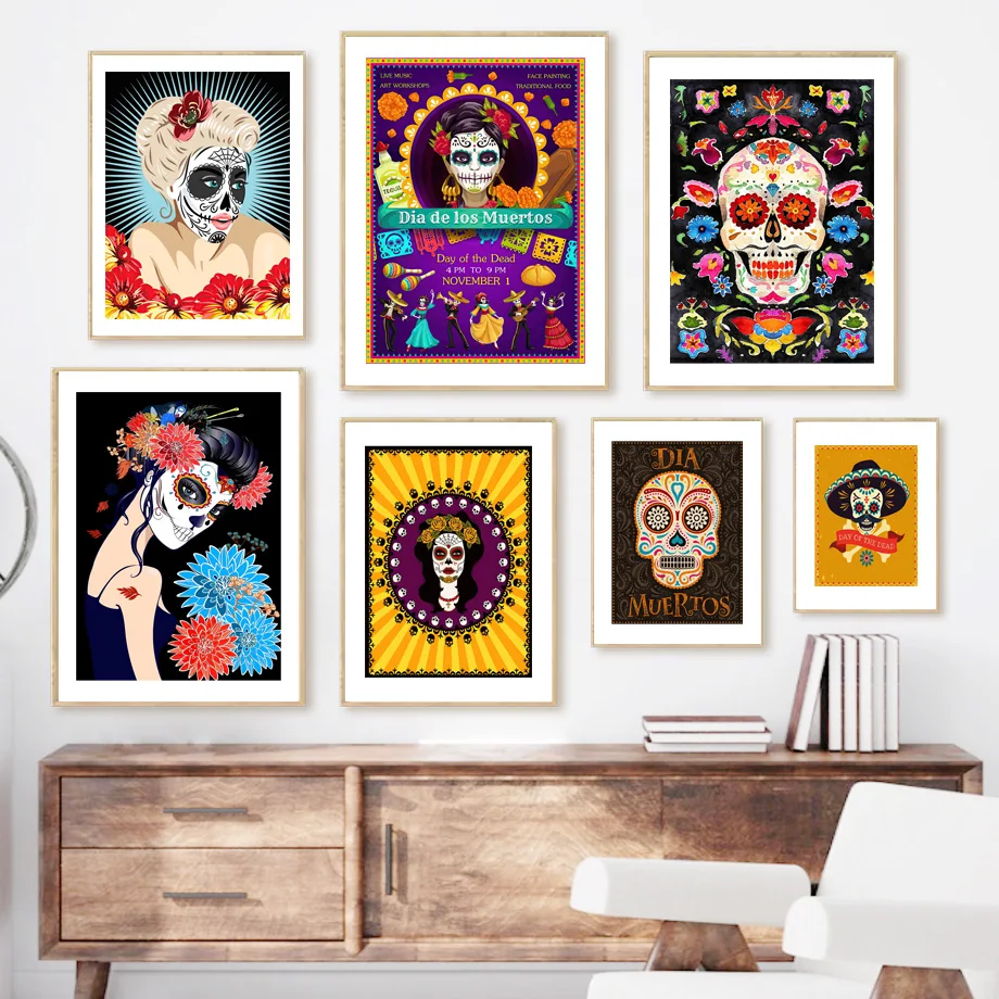 Мексиканский сахарный череп день мертвых Катрина настенная Картина на холсте