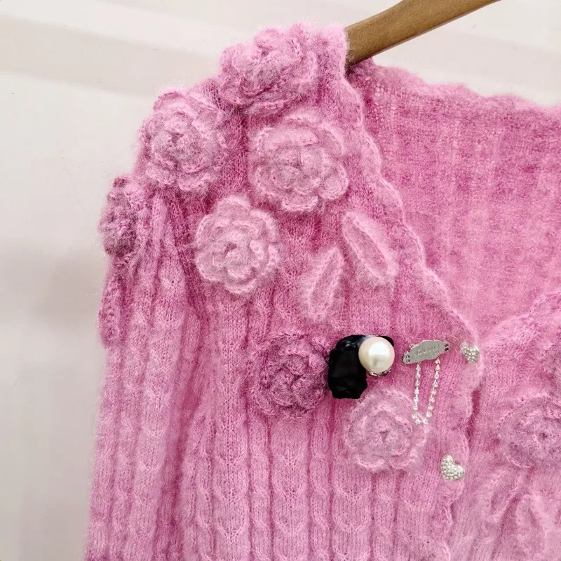 Милый розовый мягкий кардиган женский вязаный свитер с 3D цветочным принтом и