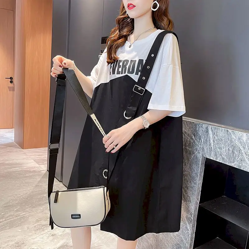 Cotton T Shirt Women 2022 New Korean Style Design Sense Fake Two-piece Large Size Short-sleeved Tshirt Student Loose Fashion Top