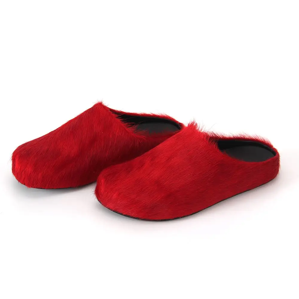 

2023 Real Leather Fur Slippers Women Mule Runway Flats Thick Sole Leisure Luxury Designer Brand Horsehair Shoes Ladies
