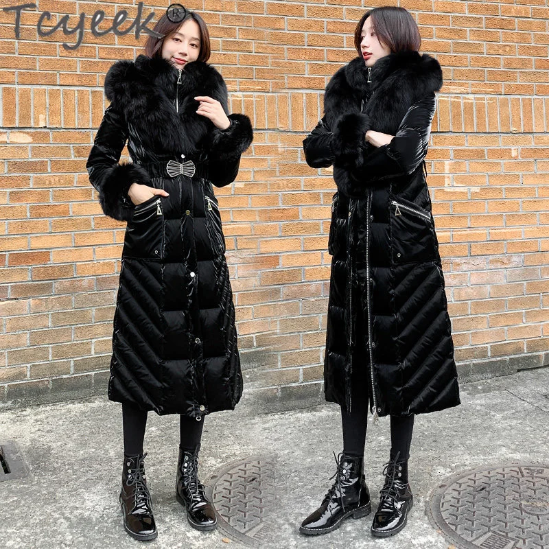 

s Winter Women's Down Big Fur Collar Medium Long Coat Ladies Waist Thickened Windproof Hooded Puffer Jacket