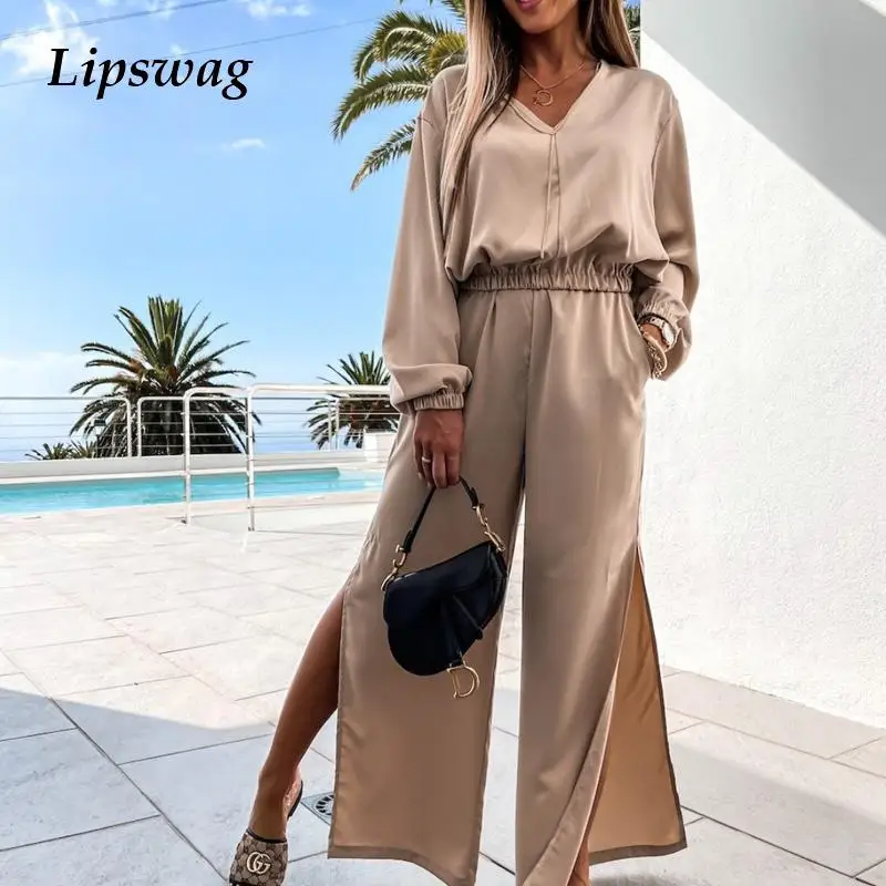 

Женский весенний спортивный костюм, повседневный комплект, модный Свободный пуловер с V-образным вырезом, топ с эластичным поясом и длинные ...