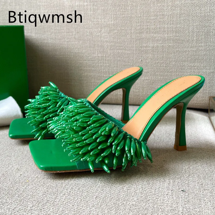 

Green Tassel Mules Slippers Woman Open Toe Gold Purple Red Strange High Heels Shoes Lady Fashion Holiday Party Shoes