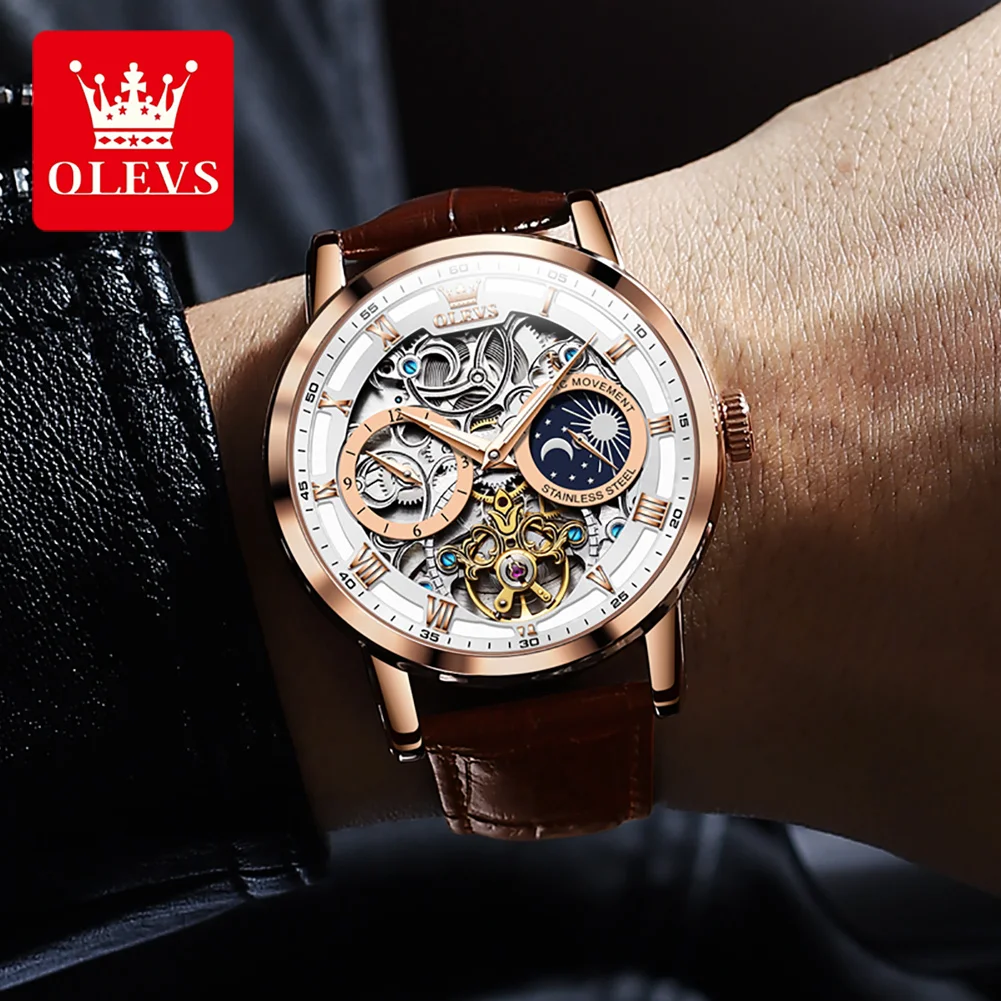 OLEVS 6670 Men's Watches Flywheel Hollow Out Full-Automatic Mechanical WristWatch For Men Waterproof Genuine Leather Moon Phase enlarge
