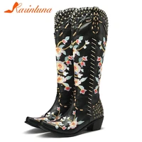 karinluna design new embroidery shoes womens boot floral rivet chunky high heels national elegant woman boots big size 35 43