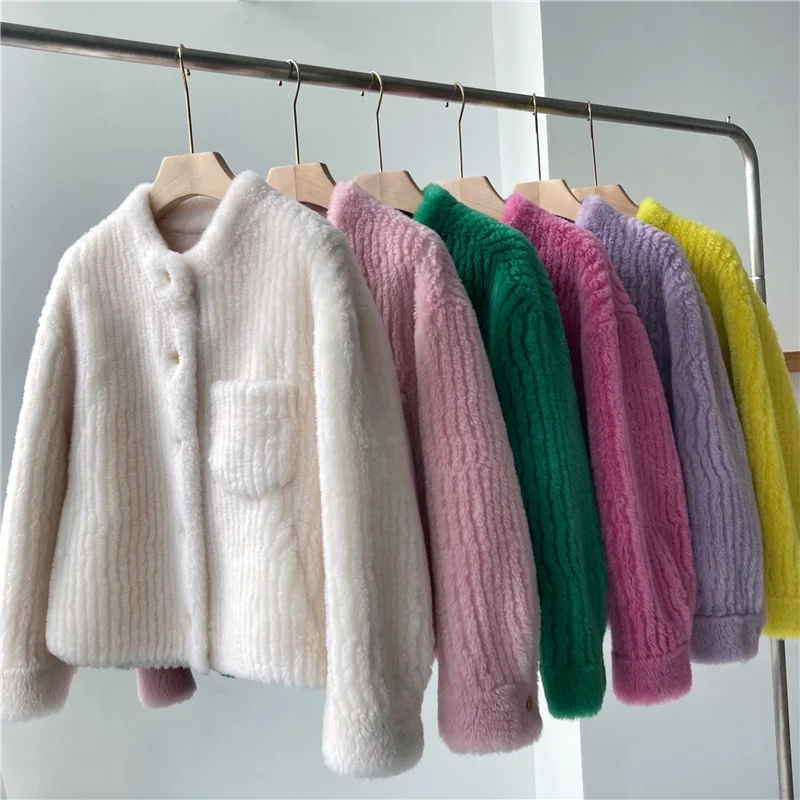 2022 Women Winter Short Jacket Girl's Real Fur Coat Natural Lamb Wool Thick Stand-up Collar Warm Pocket Streetwear Outerwear