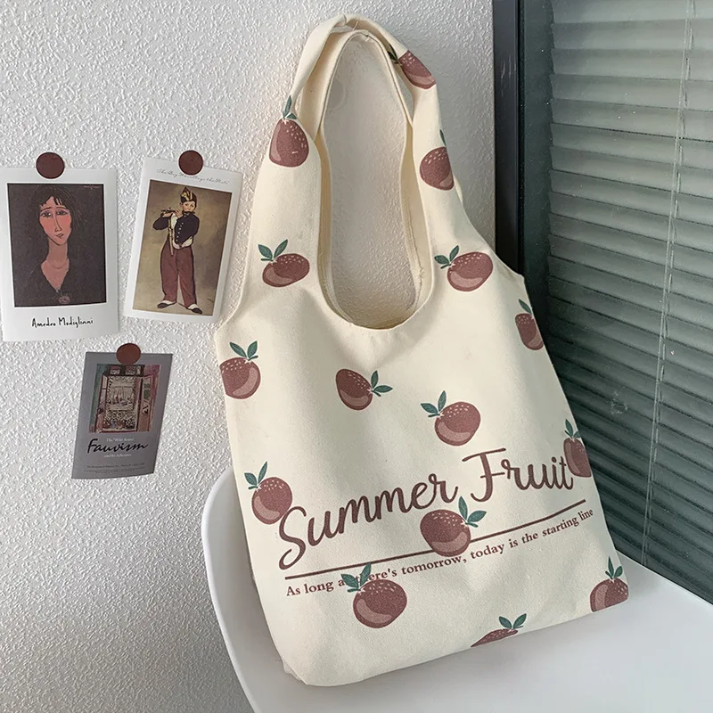 

Fruit Orange Canvas Ladies Shoulder Bag Japanese Students Ins Simple Portable Printing Shopping Bag