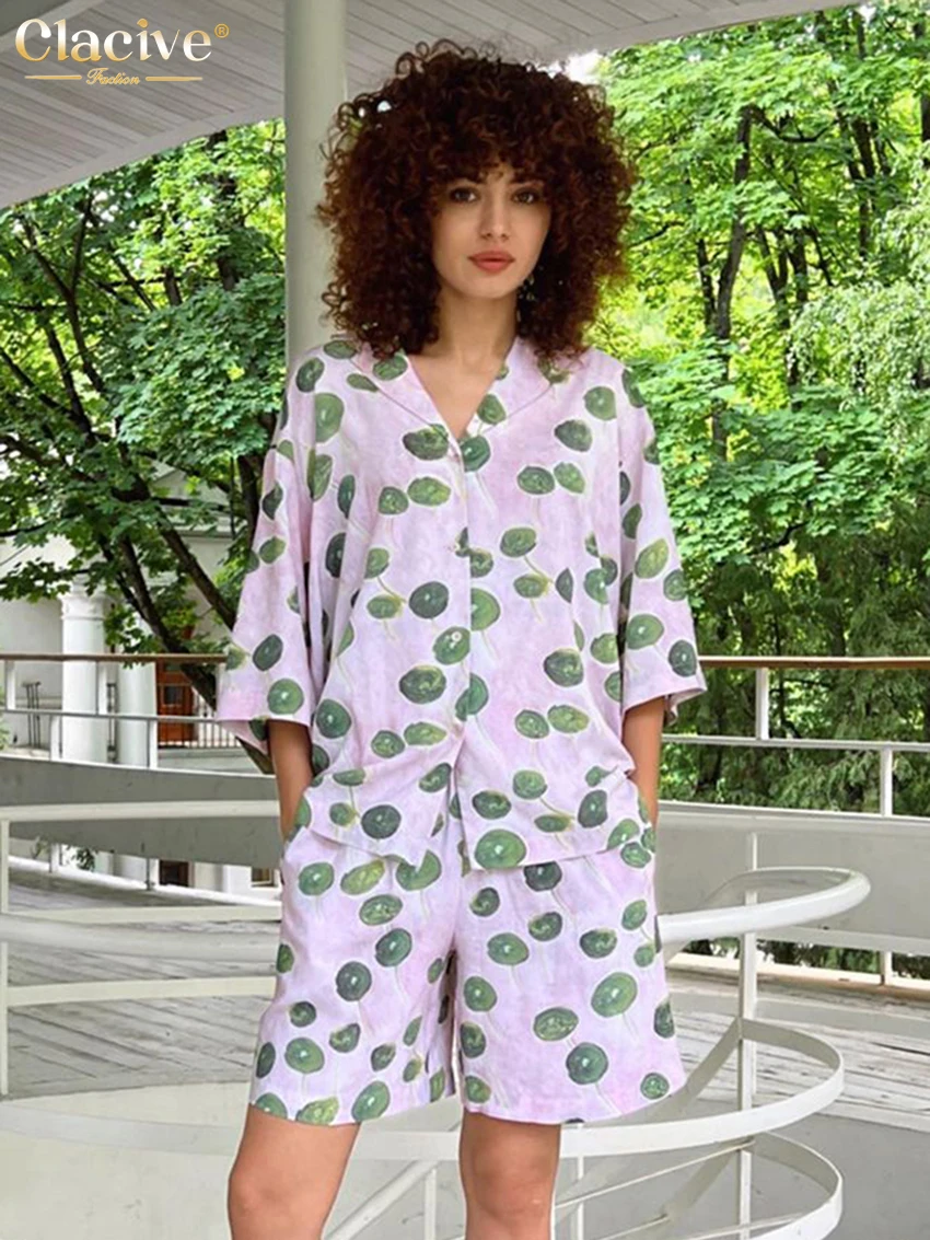 

Повседневные свободные домашние костюмы Clacive, элегантный комплект с шортами с высокой талией и принтом, модная рубашка с рукавом три четверти, комплект из 2 предметов, женская одежда
