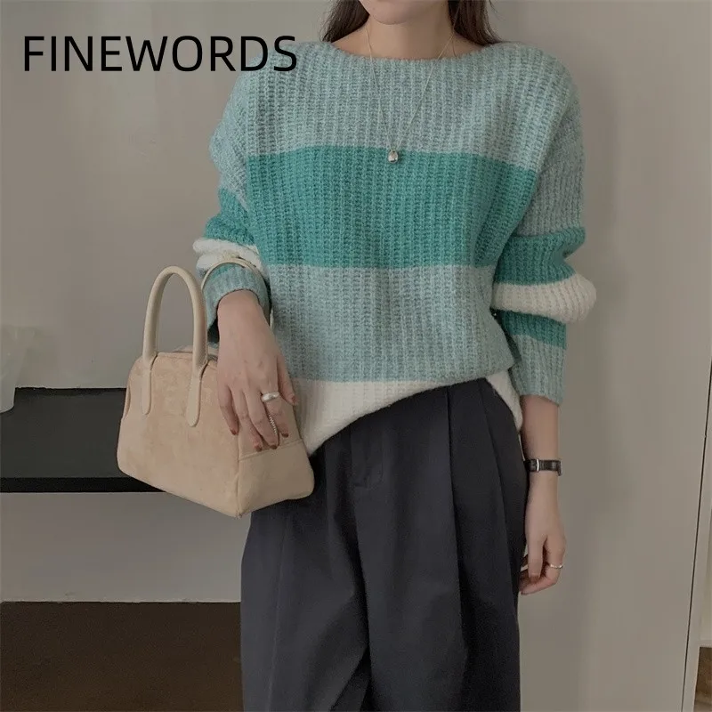 FINEWORDS Vintage Easymatch Winter Striped Knitted Sweater Women Loose Streetwear Pullover Korean Long Sleeve Casual Jumper