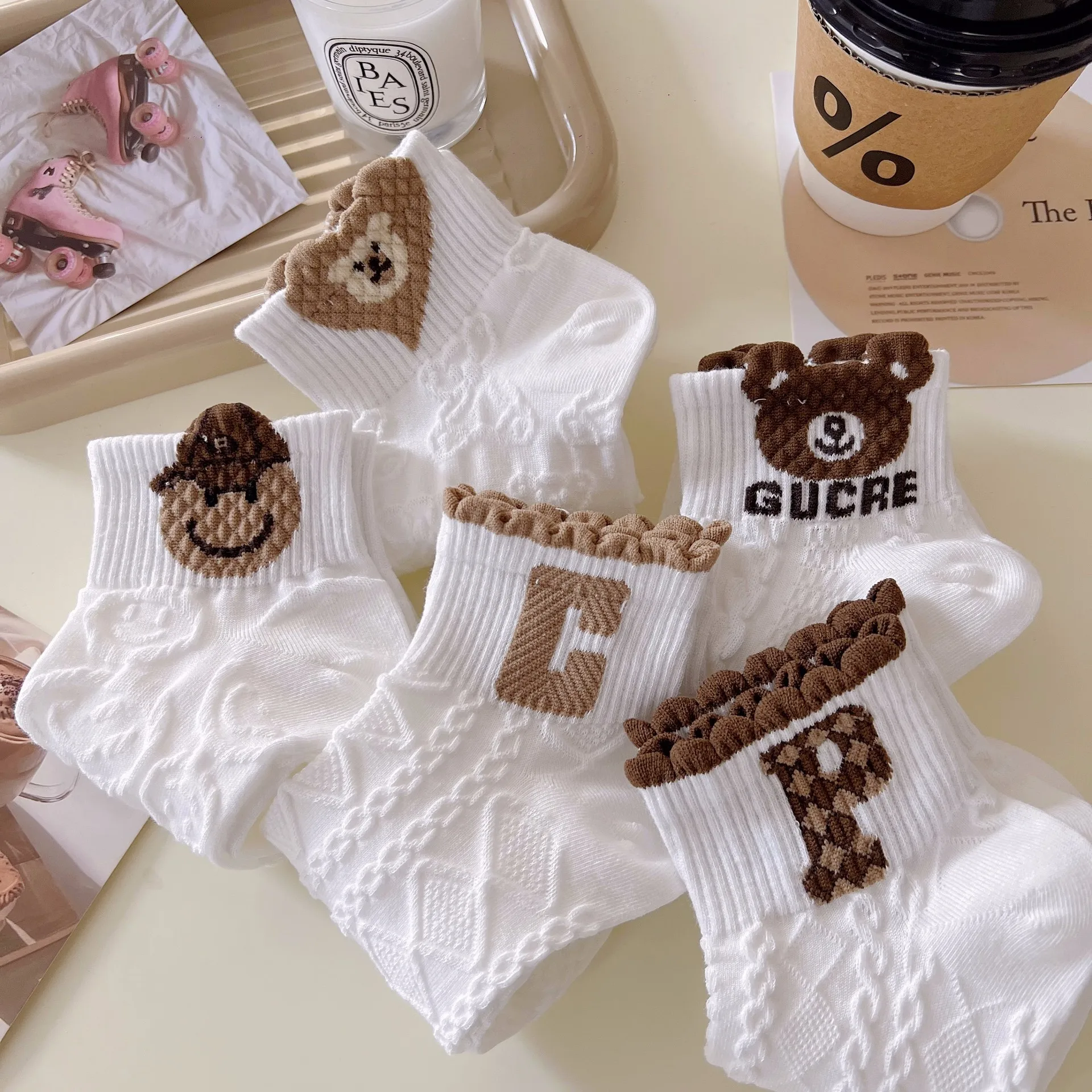 5 pairs of spring and summer women thin three-dimensional cartoon bear cotton sports boat socks low-side shallow mouth