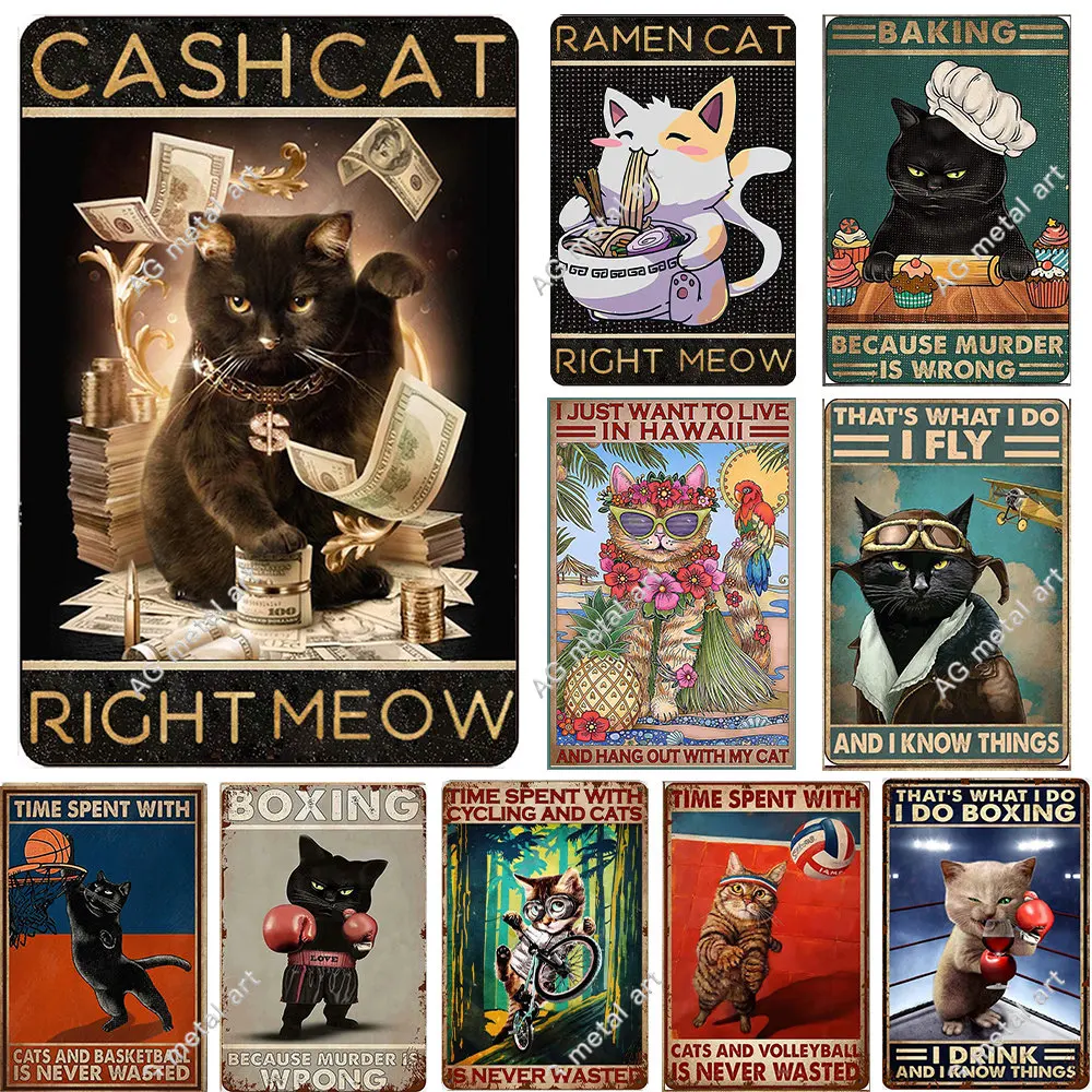 

Cash Cat Ramen Cat, Kitten Play Sports Metal Sign, Human and Lovely Animal, Vintage Metal Plate Wall Decor for Home Pet Shop
