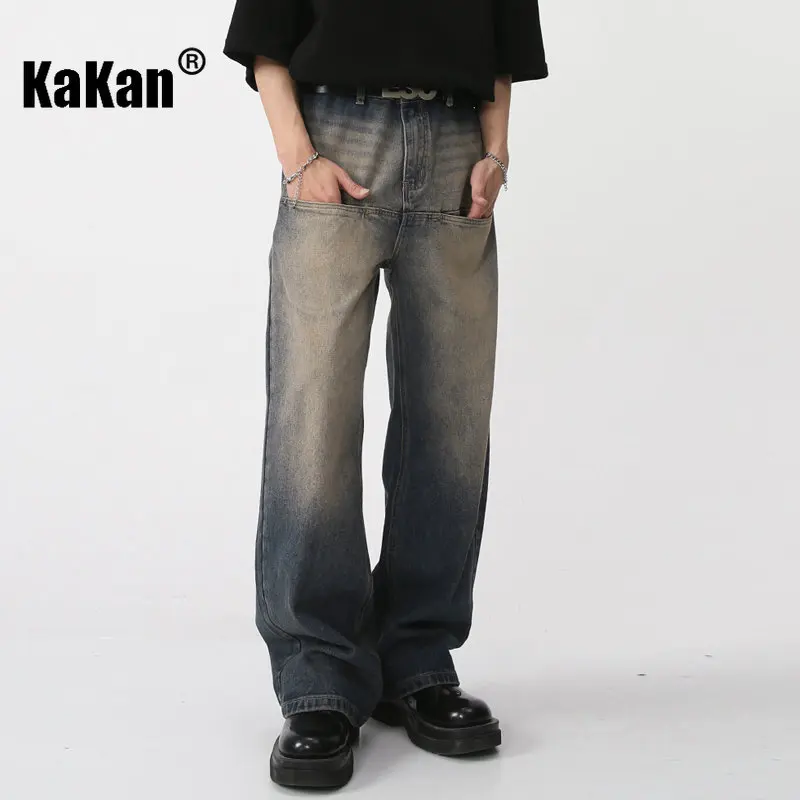 Kakan - New Wash Vintage Jeans Men's Wear, Front Pocket Loose Straight Blue Jeans K50-477