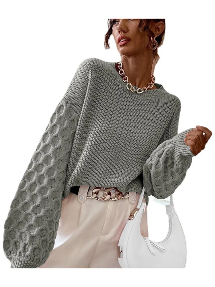 

Женский трикотажный свитер, серый пуловер с длинным рукавом-фонариком и круглым вырезом, Осень-зима 2022