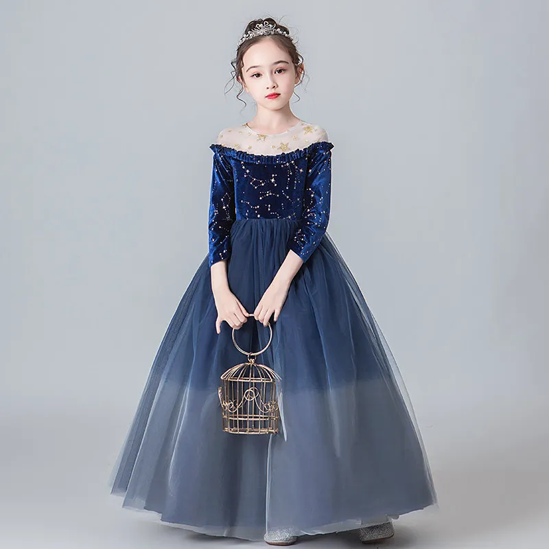 

Sequins O-Neck Luxurious Floor-Length Full Sleeves Pleat Ball Gown Kids Party Communion Dresses Girl Dresses For Weddings A2291