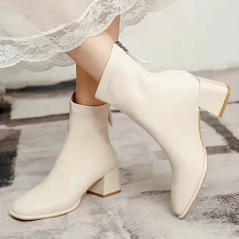 

2022 Autumn New Fashion PU Leather Back Zipper Square Head Women's Ankle Boots Mid Heel Square Head Women's Chelsea Casual Boots