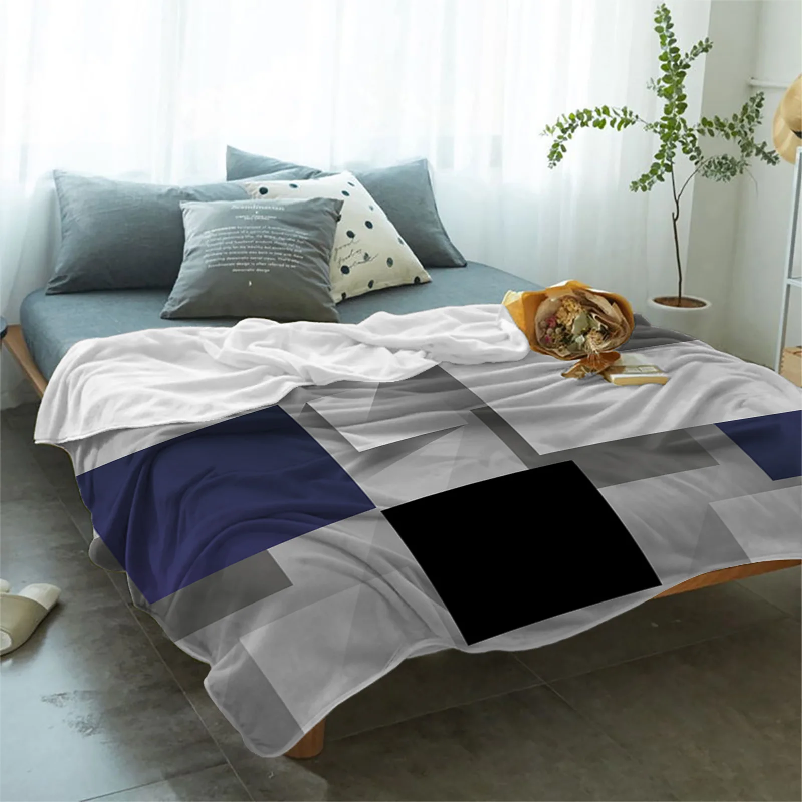 Одеяло с геометрическим рисунком темно-серое черное абстрактным принтом