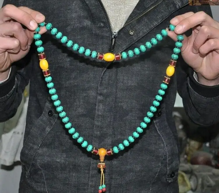 

16"Old Tibetan Buddhism temple Beeswax turquoise Exorcism amulet necklace statue