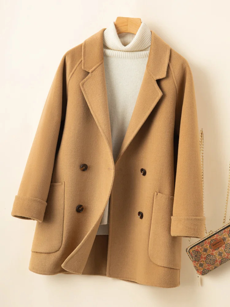 

Женское двухстороннее шерстяное пальто средней длины, однотонное пальто из 100% чистой шерсти с воротником-костюмом, весна-осень