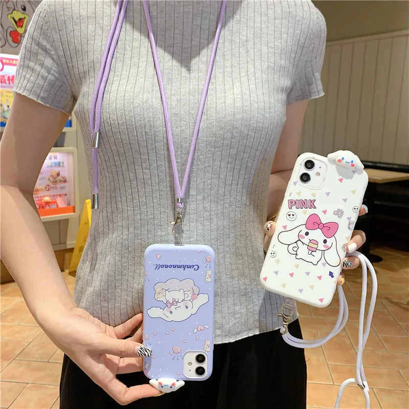 

Sanrio Cinnamoroll Phone Case for Iphone 11 12 13 Pro Max Kawaii Cartoon Lanyard Anti-drop Shockproof IPhone Case for Girls