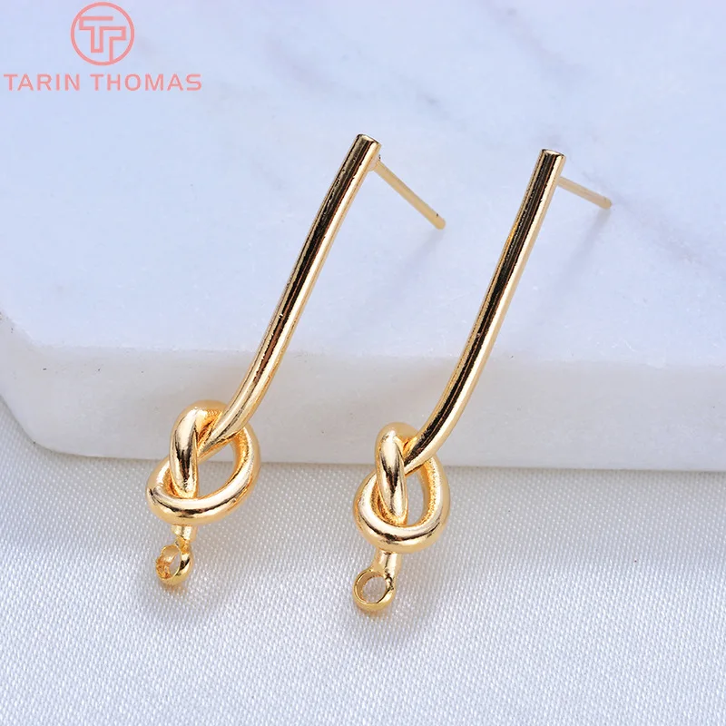 

(3781)4PCS 27MM 35MM 24K Gold Color Plated Brass Long Line with Knot Stud Earrings High Quality DIY Jewelry Making Findings