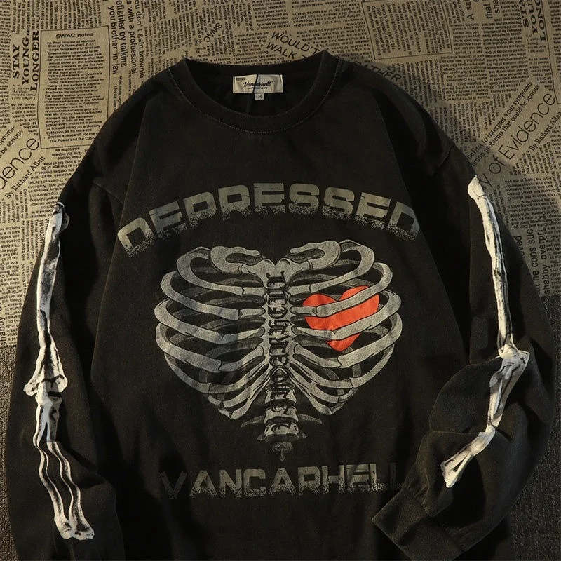

Hip Hop Street Brand Fashion Sweatshirt Dark Punk Goth Skulls Print Hoodie Loose Casual Y2K Top Autumn Winter Clothes Harajuku
