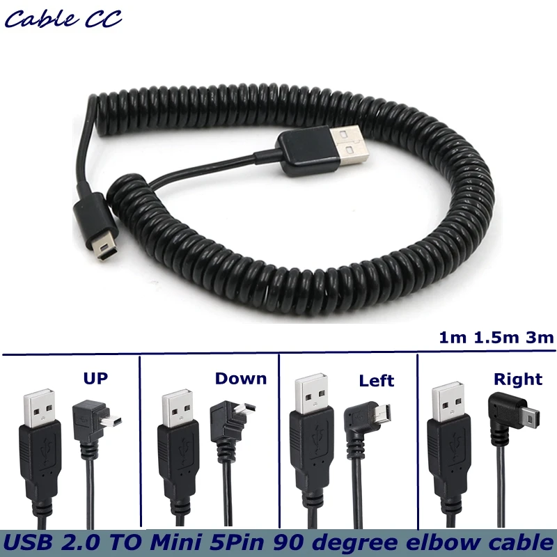 

3m USB 2.0 A Male to Mini USB 5 Pin Right Angled 90 Degree Spiral Coiled Adapter Cord Cable 5ft for MP3 Players Digital Cameras