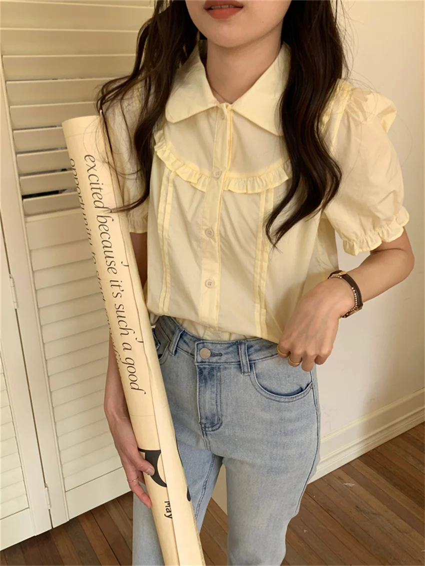 Женские летние стильные милые рубашки PLAMTEE с оборками повседневные офисные