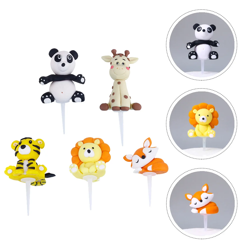 

5 Pcs Animal Cake Decoration Animals Themed Toppers Picks Dessert Inserts Clay Decorations Statue Birthday Table Ornament