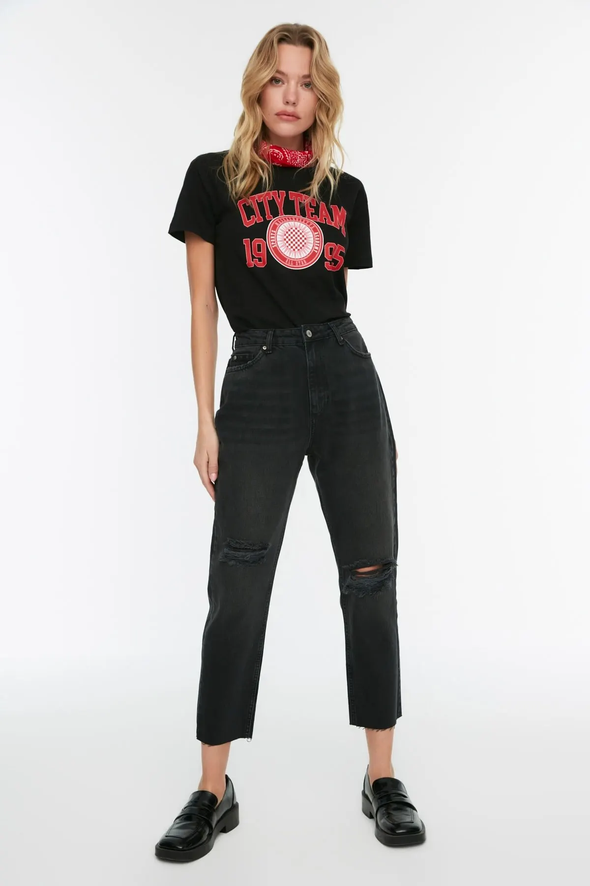 

Женские рваные джинсы с высокой талией, полная длина, прямые брюки, уличная одежда, женские пуговицы на молнии