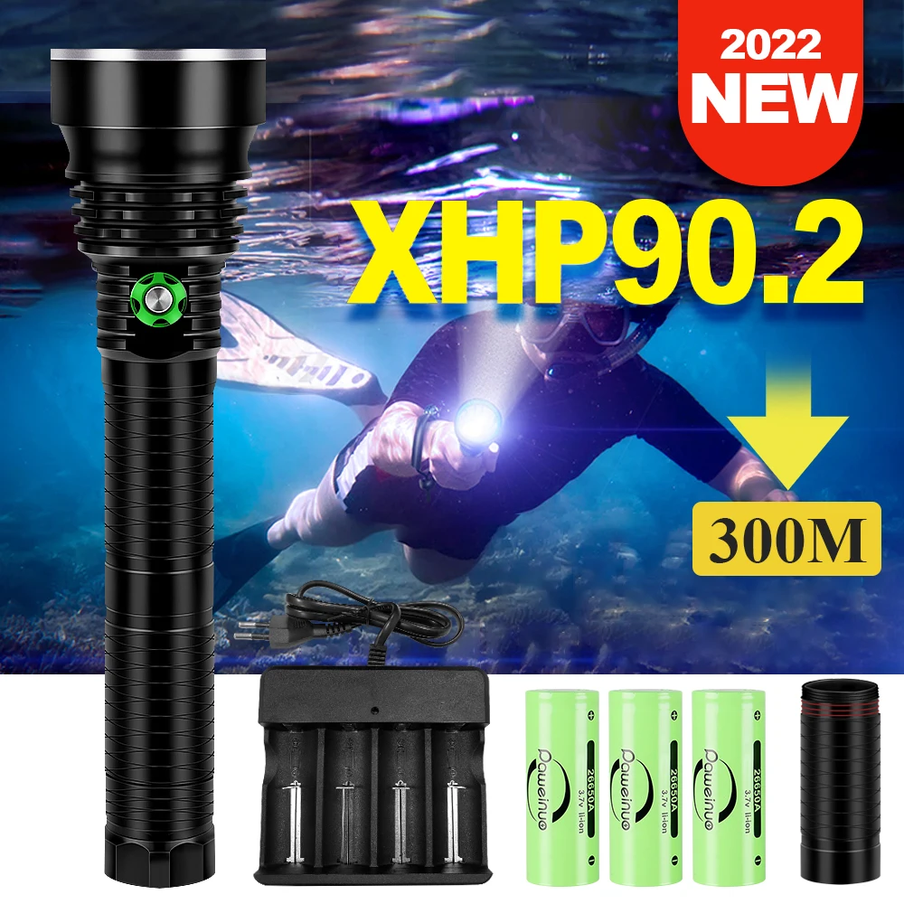 Professional Safest Diving Flashlight High Power XHP90.2 LED Xhp70.2 Underwater Lamp Diving Torch Waterproof IPX8 Light Flash
