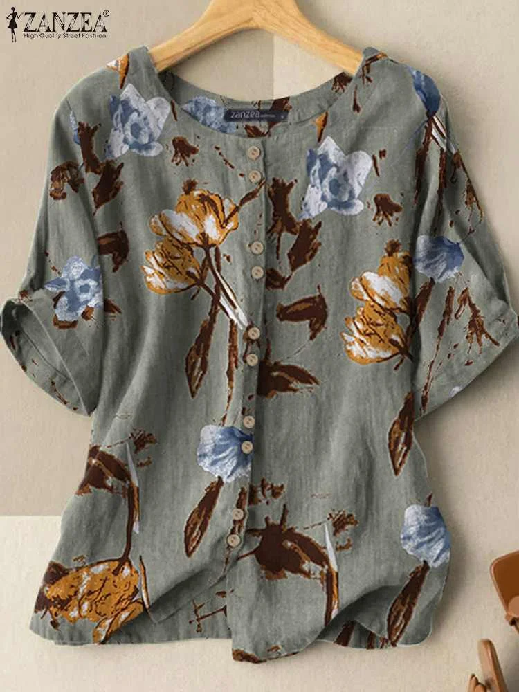 Vintage Printed Tops Women Summer Blouses ZANZEA 2022 Casual Short Sleeve Shirts Female O Neck Floral Tunic Oversized Chemise