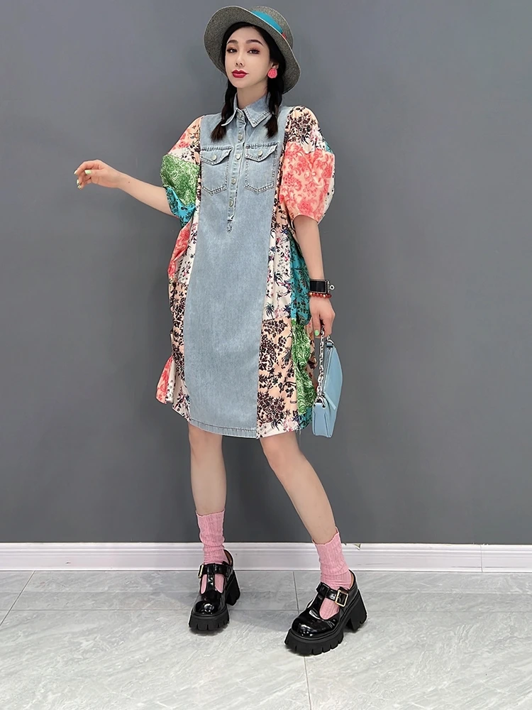 

SuperAen 2022 Summer New Fashion Casual Jeans Splicing Thin Turn Down Collar Puff Aleeve A Line Shirt Dresses for Women