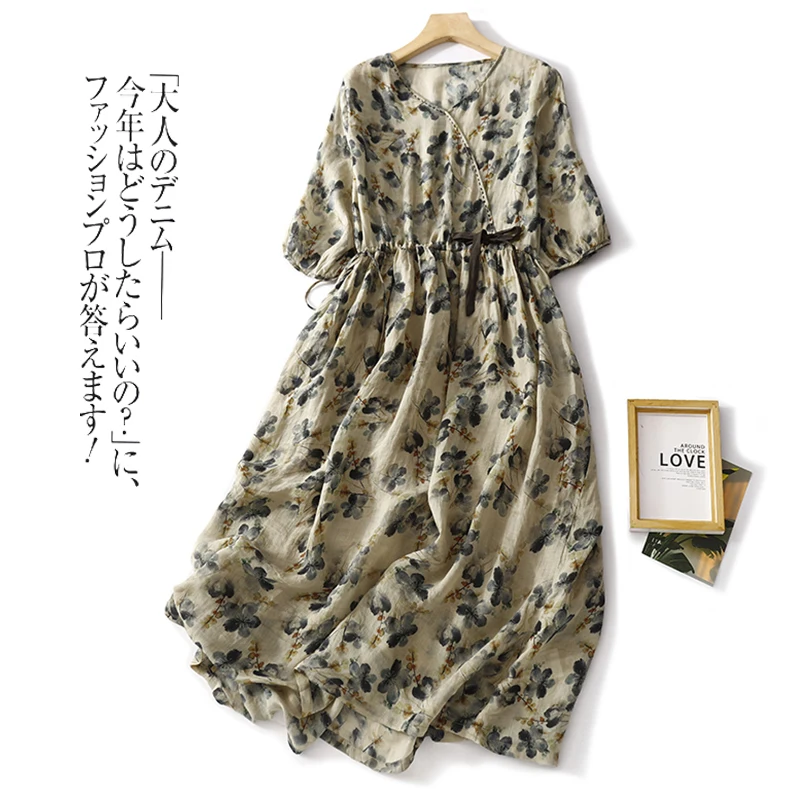 

Платье Limiguyue из рами с цветочным принтом, летнее свободное платье, новинка 2023, хлопковое и льняное, тонкое, винтажное, на шнуровке, эластичное...