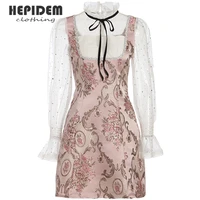 hepidem clothing summer short dress women 2022 new lace long sleeve lace mesh vintage jacquard slim dress 68346