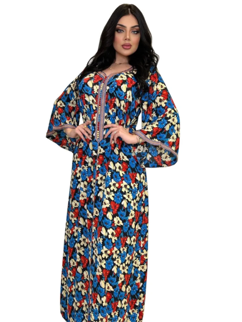Turkey Muslim Dress Women Abaya Jalabiya Morocco Floral Print Party Dresses Long Kaftan Femme Musulmane Jilbab Hijab Vestidos