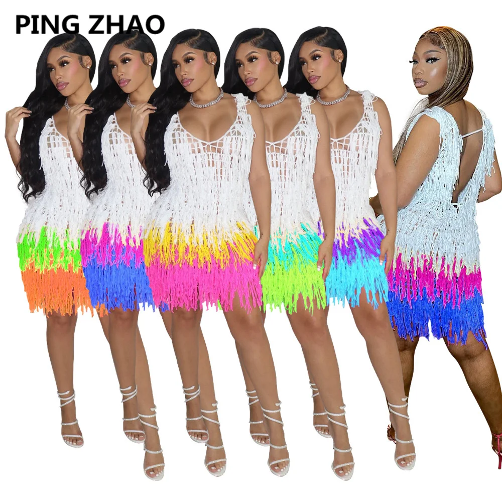 

Женское вязаное крючком платье на бретелях PING ZHAO, ажурное пляжное платье без рукавов, праздничные шикарные платья с кисточками, лето 2022