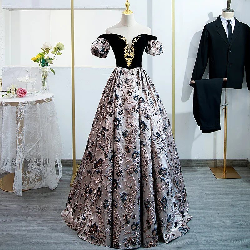 

Evening Dress Velour Black Silver Print Satin Short Sleeves Lace up A-line Floor Length Plus size Women Party Dresses B2364