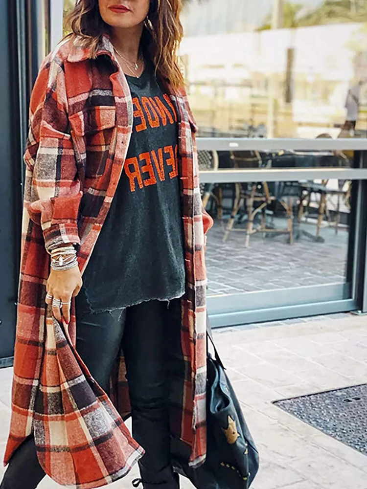 

Women Long Plaid Coat Autumn Fashion Shirt Coat Woolen Coat Streetwear Clothing Loose Coat Female Casual Jacket