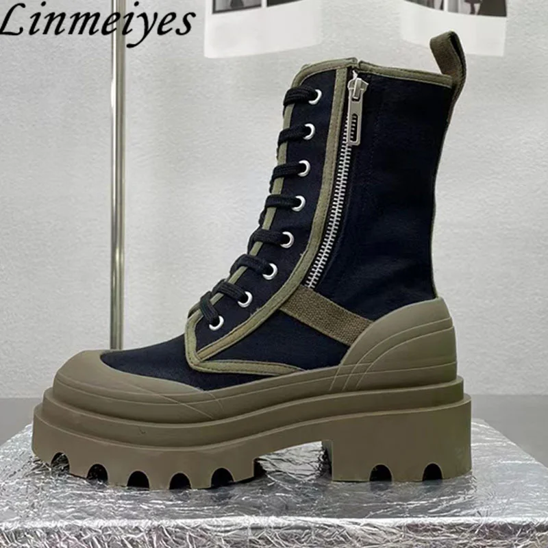 

Мотоциклетные ботинки на толстой подошве, ботинки до середины икры, на шнуровке, круглый носок, обувь на платформе, холщовые короткие сапоги для мужчин и женщин