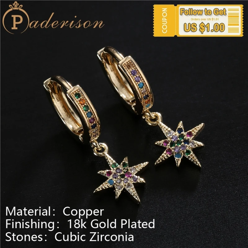 

Vintage Multicolor Zircon Octagonal Star Drop Earrings Retro Shiny Classic Copper 18k Gold-plated Earrings Fashion Party Jewelry