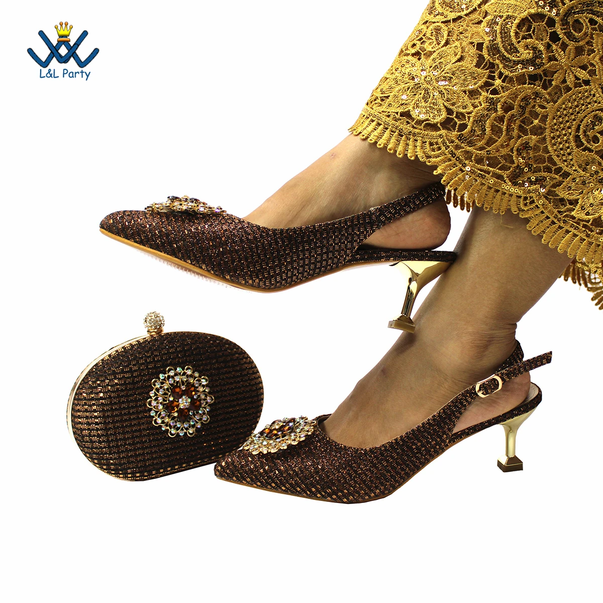 

Retro Italian Ladies Pointed Toe Coffee Color Women Shoes Matching Bag Set Comfortable Heels Sandals for Wedding